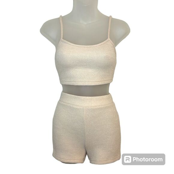 SHEIN Cream Two-Piece Ribbed Cropped Tank and Shorts Lounge Set Size XXS - Picture 1 of 9